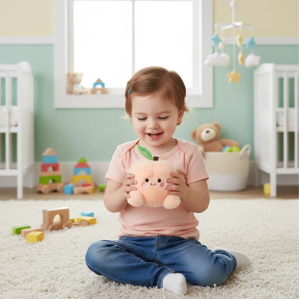 Palm Pals Mellow Peach plush soft toy with smiling face and leaf detail, 13cm baby toy suitable from birth