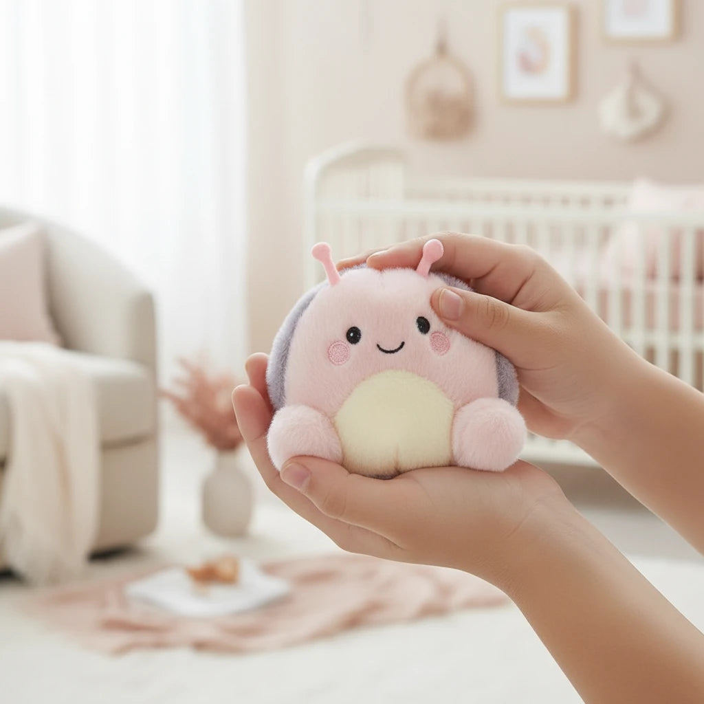 Palm Pals Shelby Snail plush soft toy in pastel tones, 13cm baby toy with bean-filled body suitable from birth