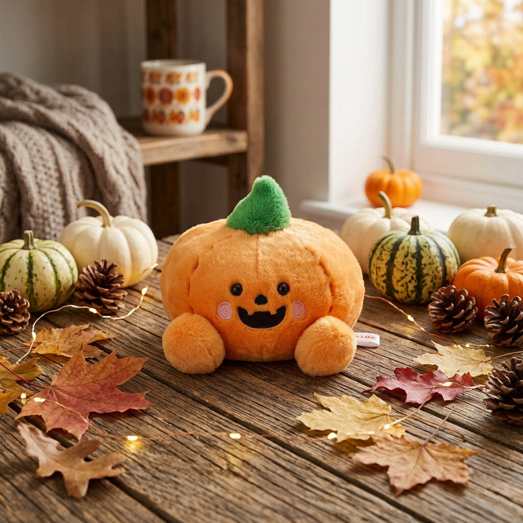 Wisp Jack O'Lantern pumpkin plush on a wooden table with autumn leaves and small pumpkins.