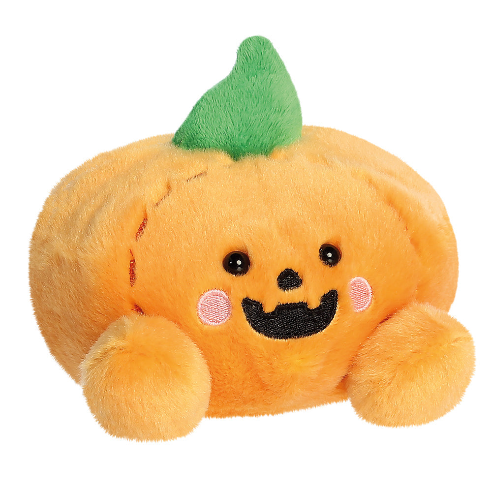 Orange Palm Pals Wisp pumpkin soft toy with a green stalk, pink cheeks and a smiling Halloween face.