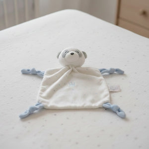 Blue baby panda comforter with soft fabric blanket body and knotted corners, plush panda head baby toy with rattle.
