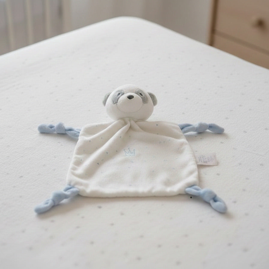 Blue baby panda comforter with soft fabric blanket body and knotted corners, plush panda head baby toy with rattle.