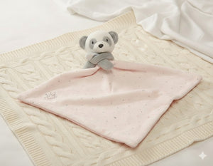 Pink baby comforter  blanket with a grey and white panda toy with arms head