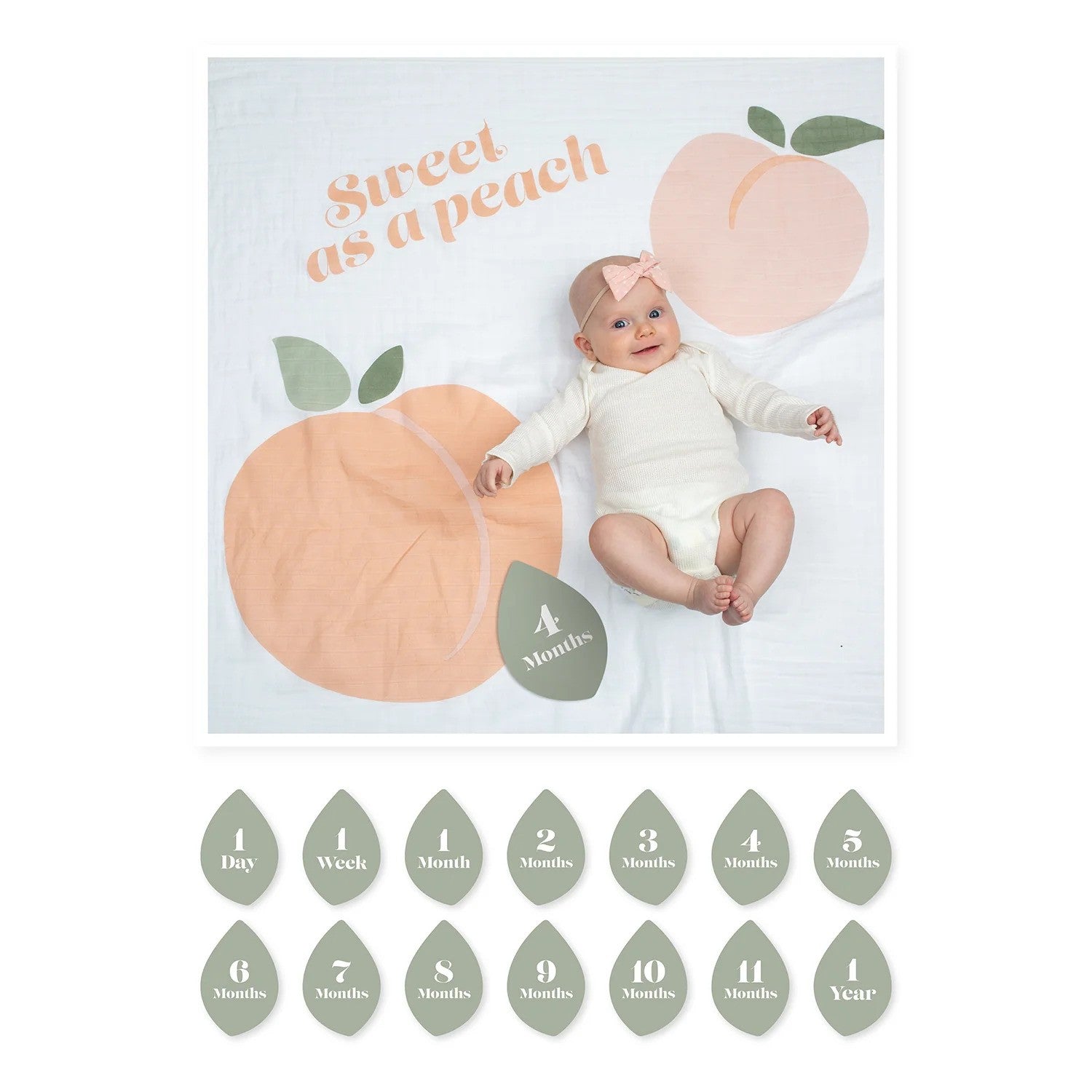 Gift set containing a white blanket with a peach design and 7 green double-sided milestone cards