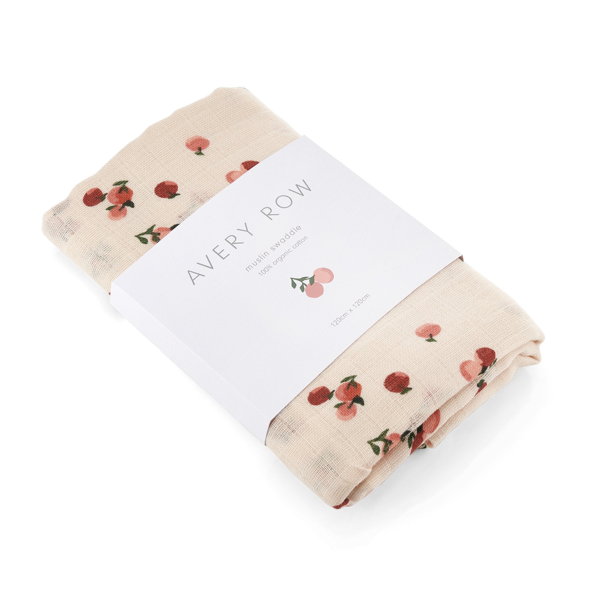 This Peaches design 100% GOTS organic cotton baby muslin swaddle blanket is extra large and incredibly soft.