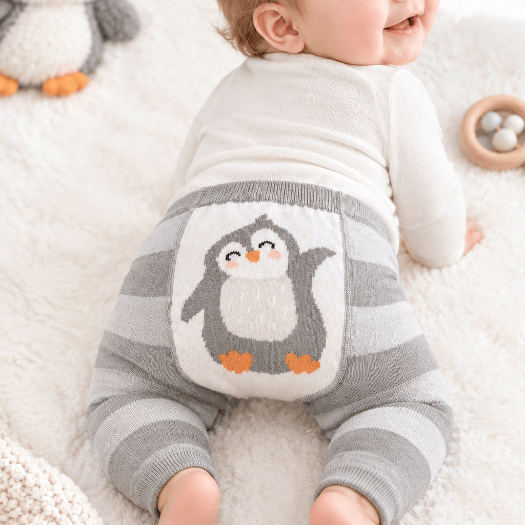 A baby lying on their stomach on a white fluffy blanket, wearing gray and white striped knit pants with a large penguin patch on the back. The baby is also wearing a white long-sleeve top.