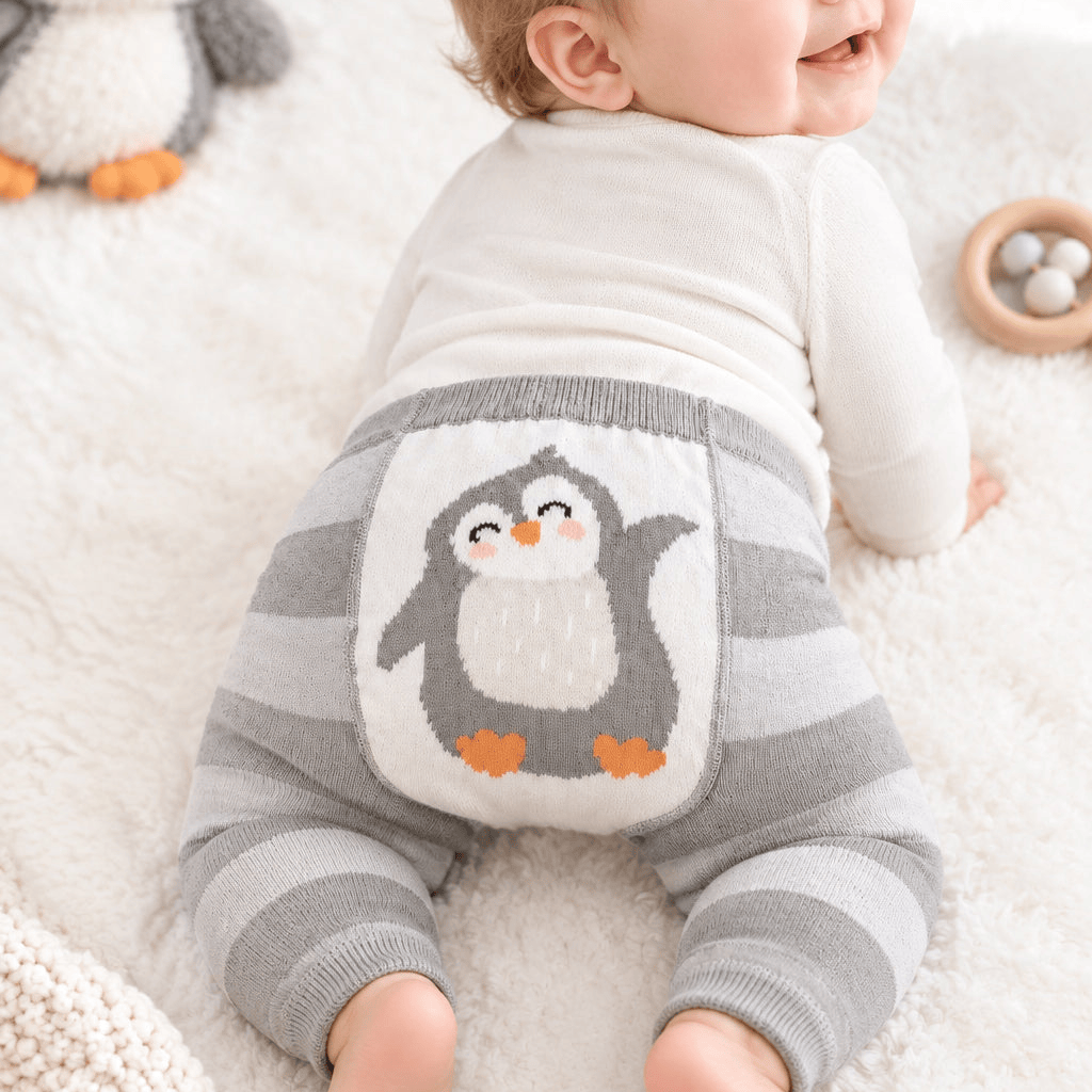 Close-up of a baby wearing grey striped penguin leggings, showing the seat motif and ribbed waistband.