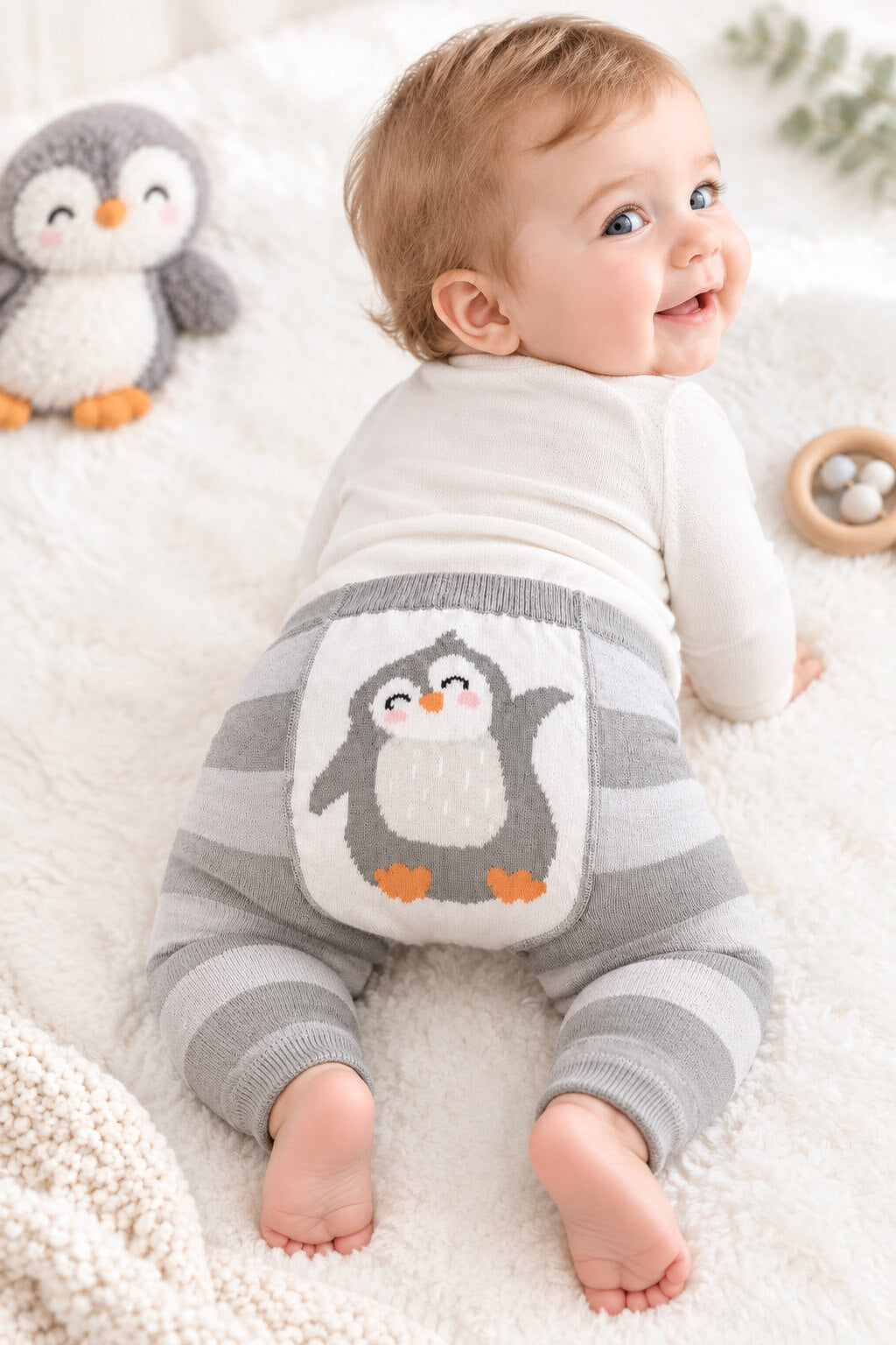 Baby looking back while wearing penguin leggings, with grey stripes, orange penguin feet and ribbed ankle cuffs.