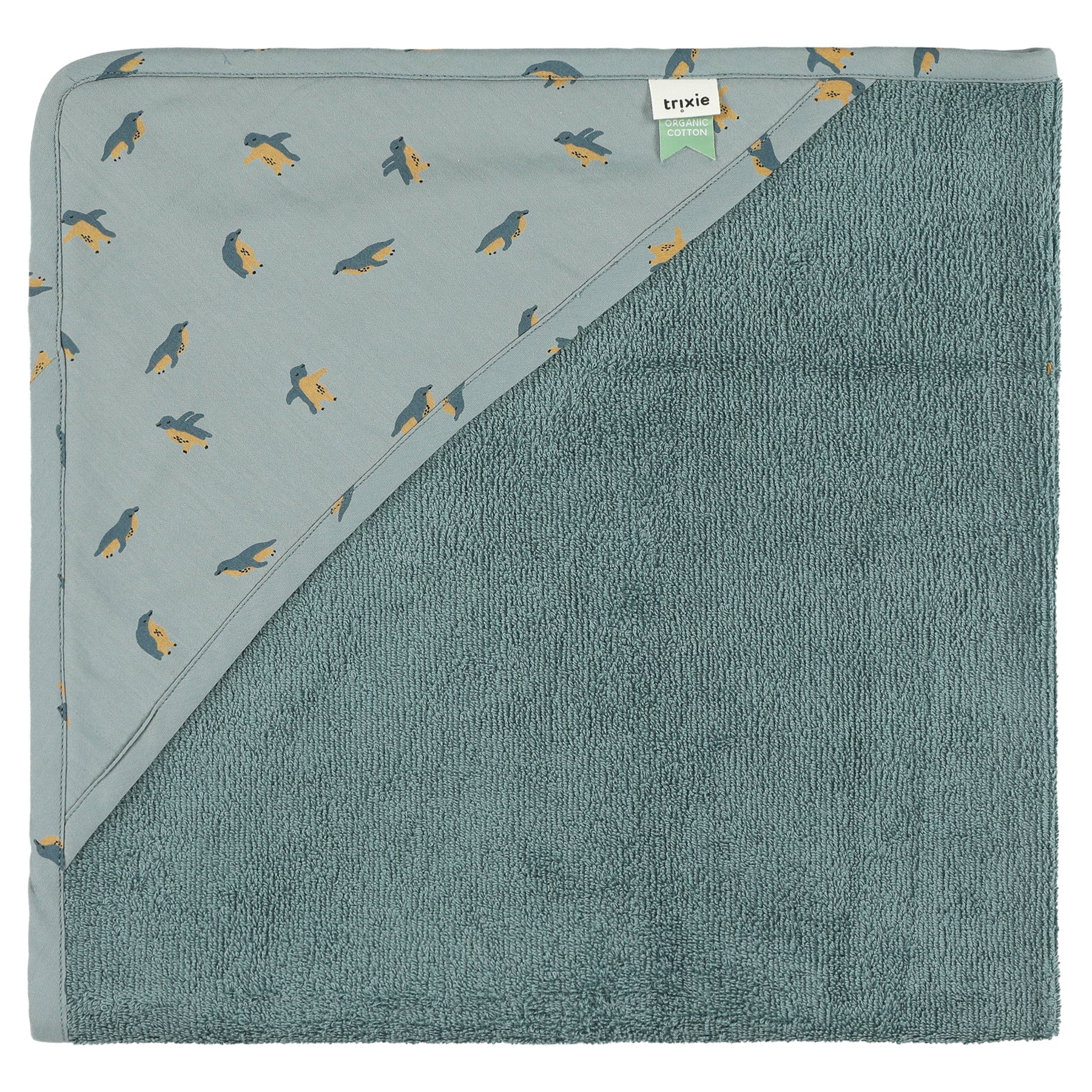 A petrol blue green hooded organic towel with cute penguin print