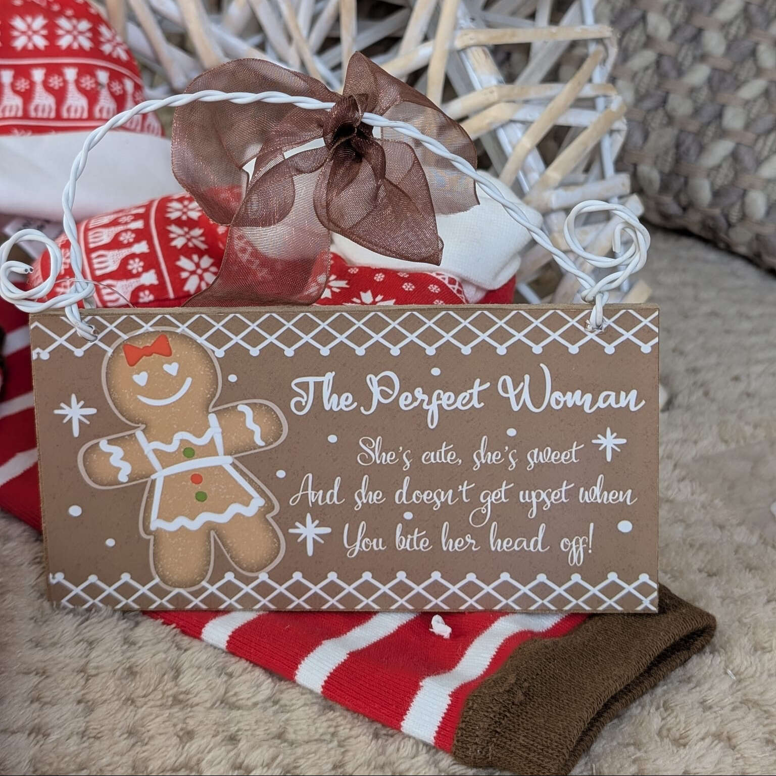 The Perfect Woman hanging sign with gingerbread design and humorous message