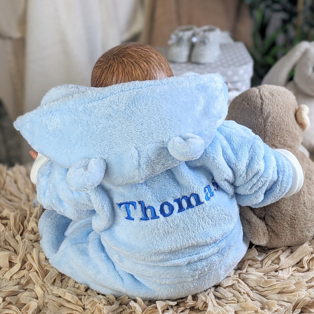 Baby boy bathrobe in blue with cute ears.