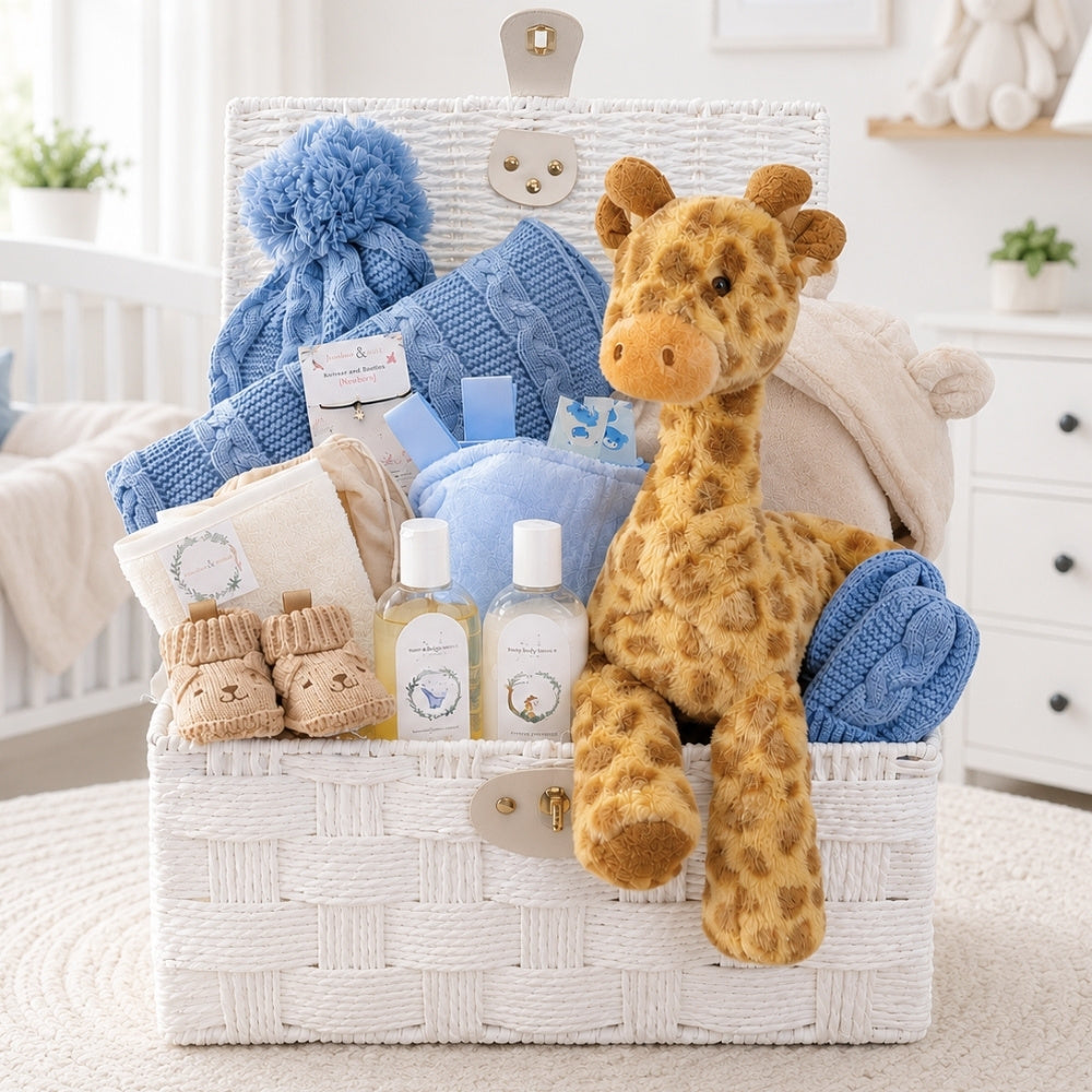Personalised baby boy gifts hamper basket with giraffe soft toy and blue knit blanket and hat set.