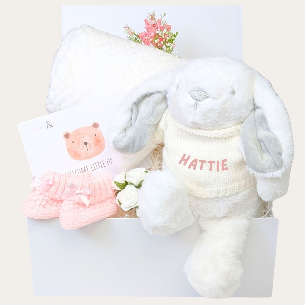 Personalised bunny in a baby girl gifts hamper.