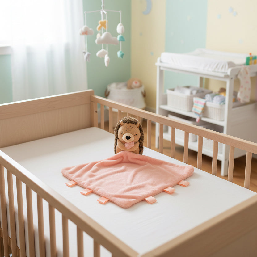 Plush hedgehog toy with attached baby comfort blanket in soft pink with sensory ribbon tags