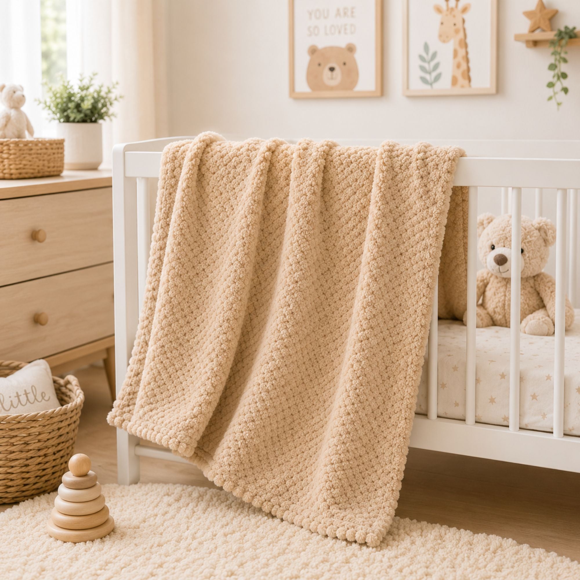 Soft caramel beige waffle texture unisex baby blanket. Can be personalised with baby name. 