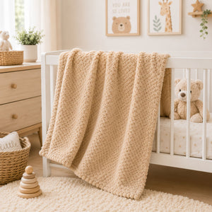 Soft caramel beige waffle texture unisex baby blanket. Can be personalised with baby name. 