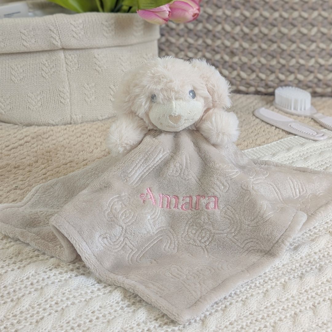 Biscuit plus puppy comforter which can be personalised.