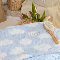 Personalised blue baby blanket with a cloud details. Bumbles and Boo.