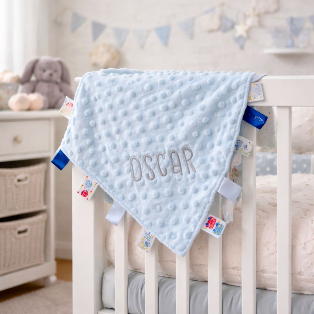 Personalised Blue Baby Baby Comforter - Taggie Ribbons