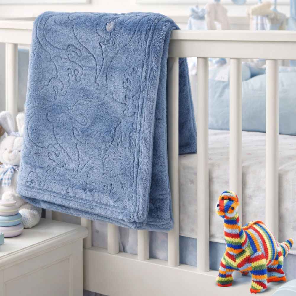 Personalised baby boy blanket embossed with a dinosaur theme