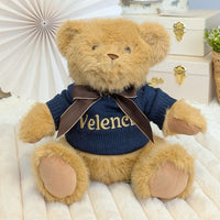 Personalised eco friendly teddy bear wearing a jumper with a custom name embroidered 