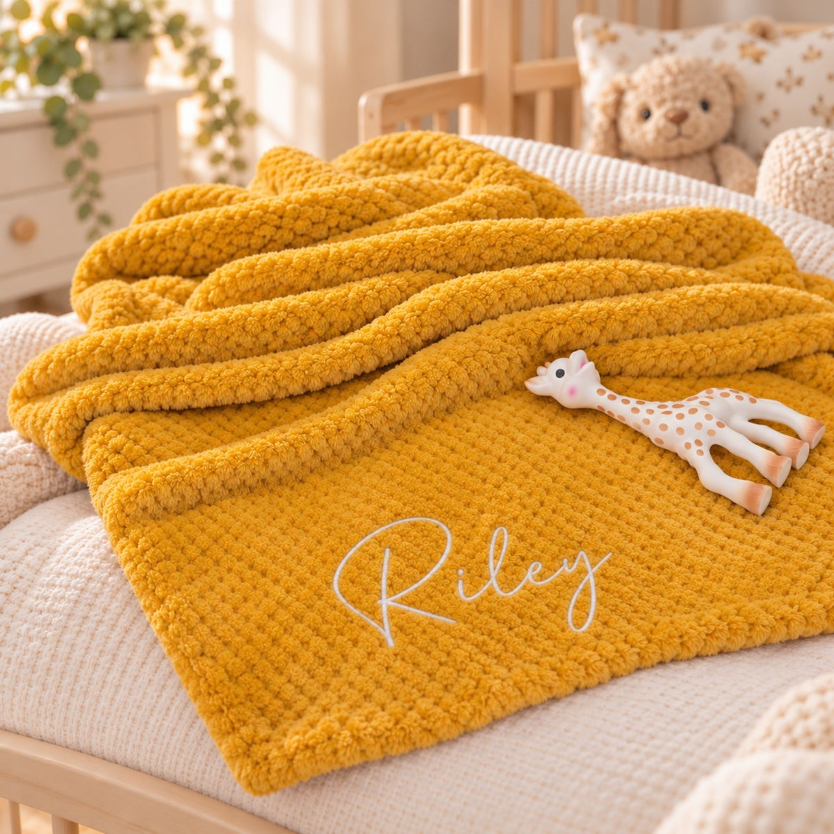 Personalised baby blanket in mstard yellow. This waffle blanket has the name Riley embroidered along the edge