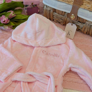 Pink dressing gown for a baby girl with personalised name Camille embroidered on the left side