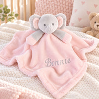 Personalised pink elephant baby comforter toy embroidered with the name Bonnie