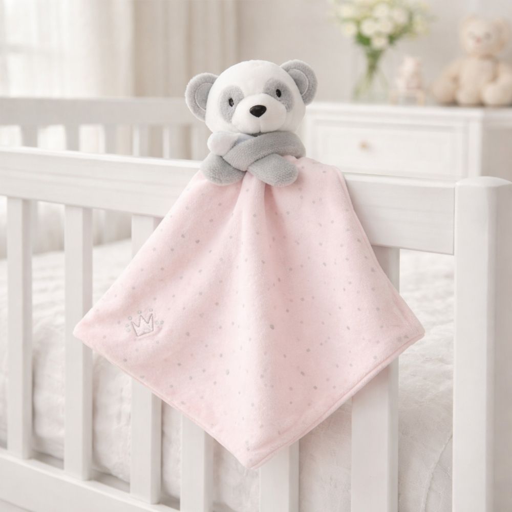 Personalised pink baby comforter panda bear soft toy
