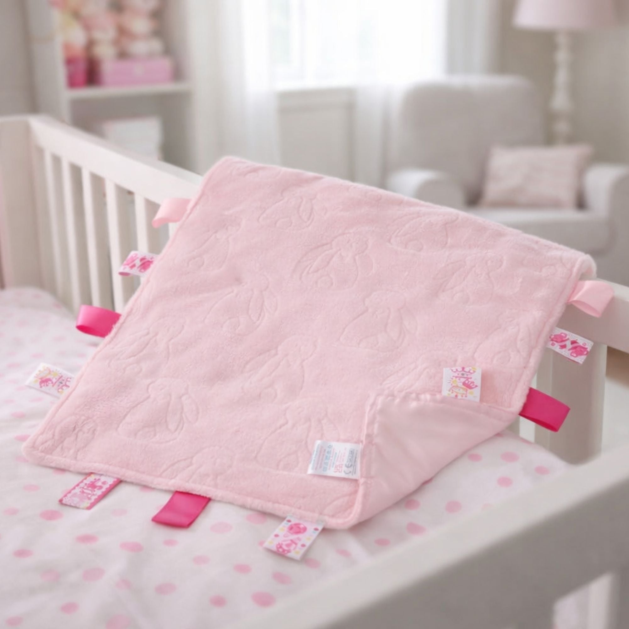 Pink embossed bunny taggie comforter blanket.