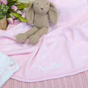 Pink personalised baby girl blanket with stars.