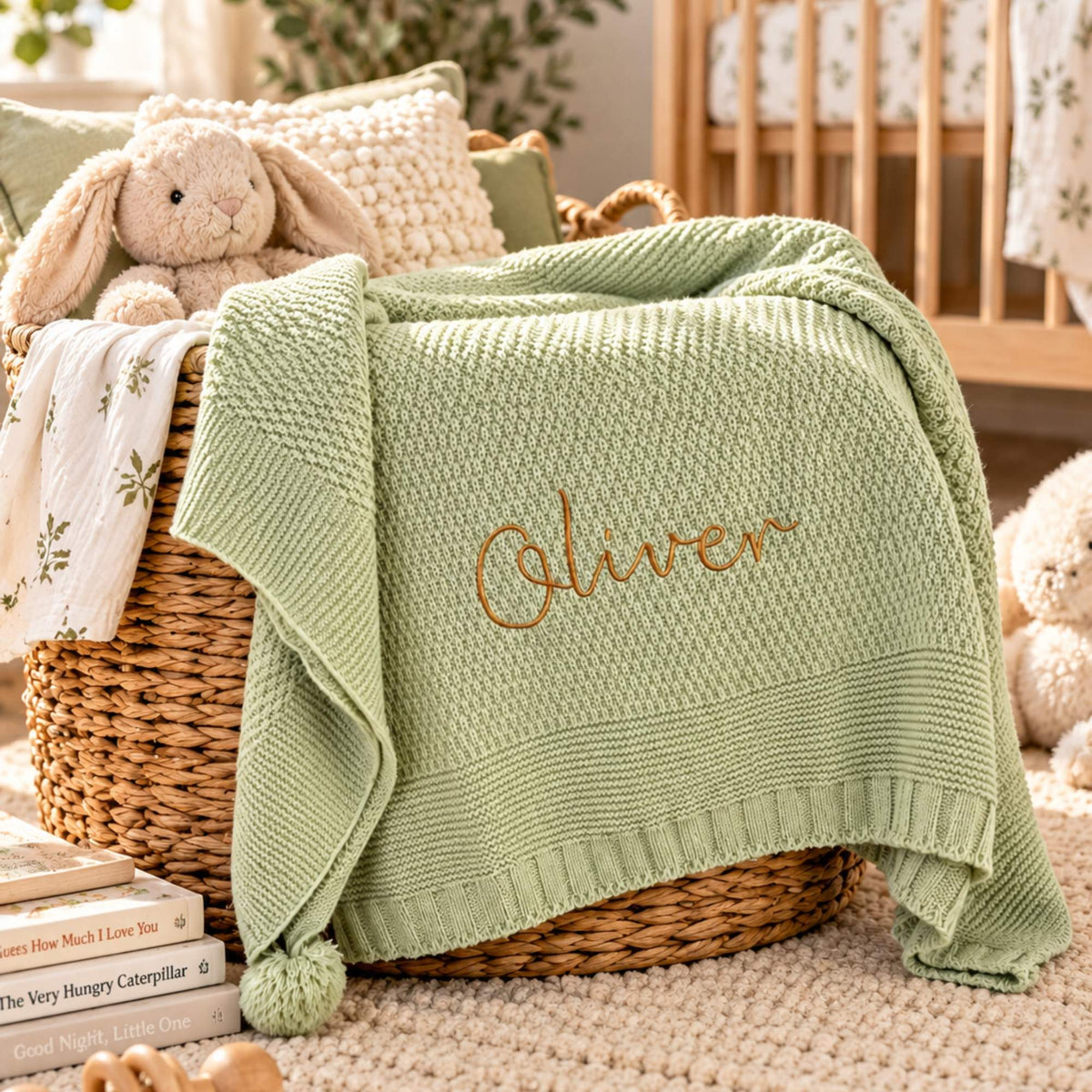 Soft ribbed knit baby blanket in pale green