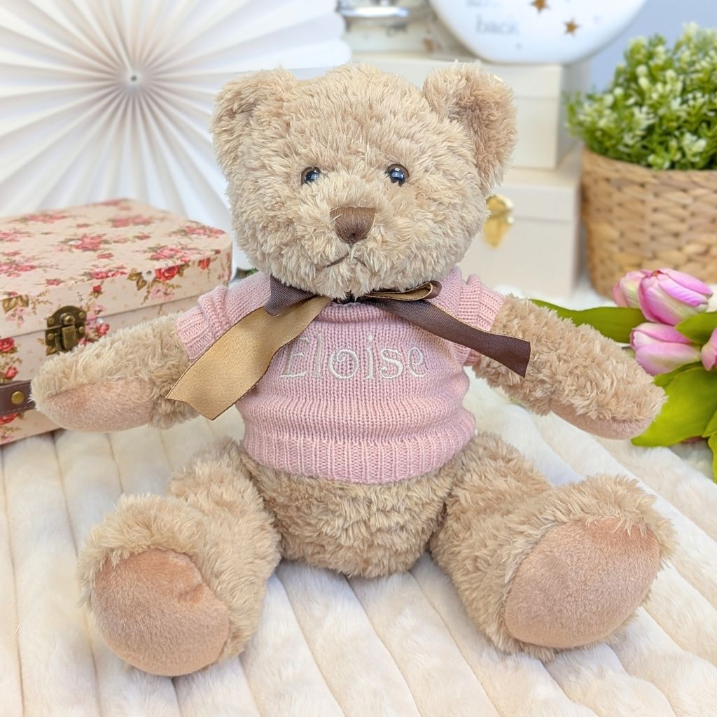 Teddy bear wearing a pink jumper personalised with the name Eloise