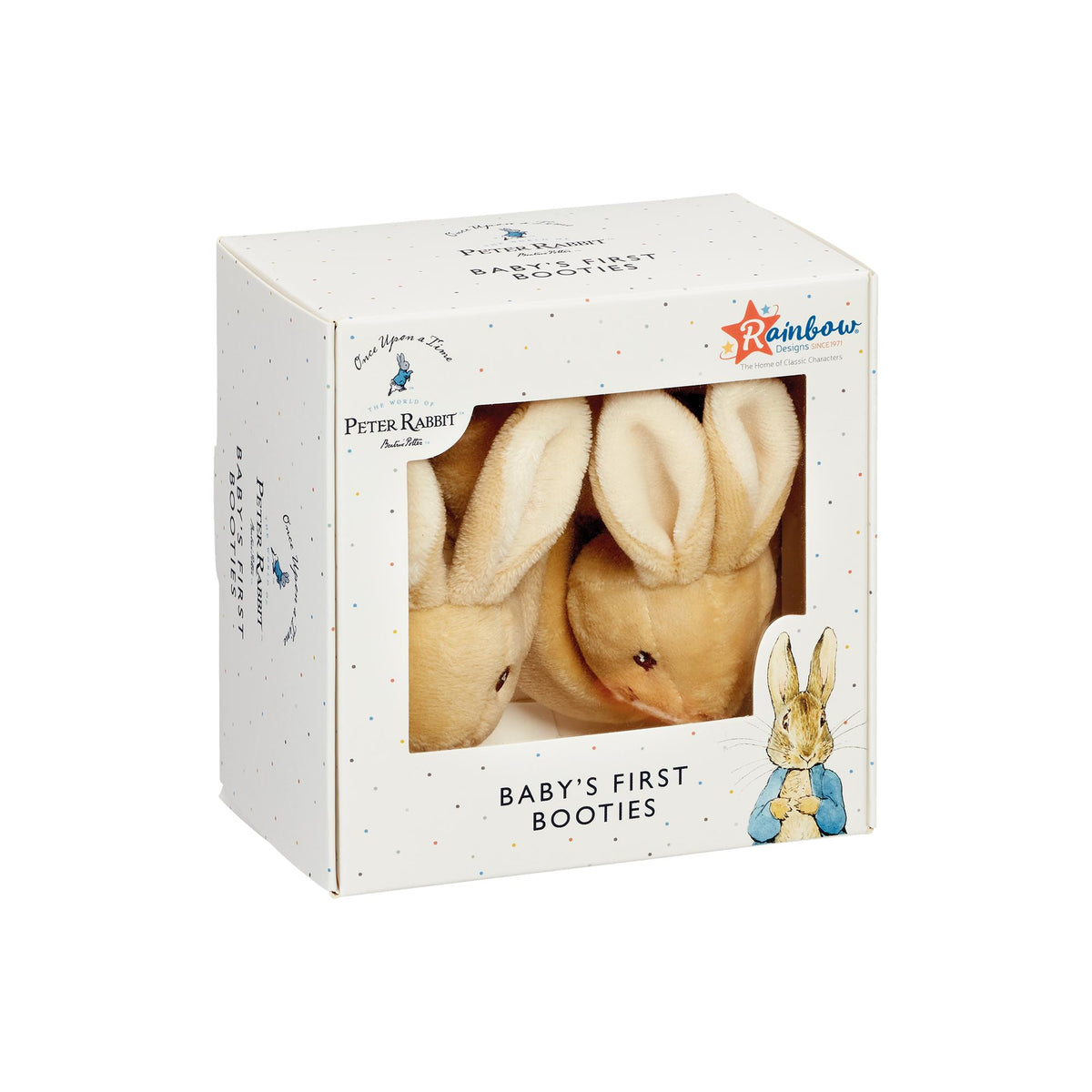 Peter Rabbit baby booties presented in gift box