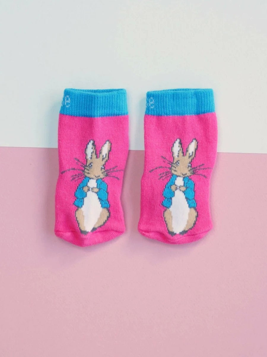 Pink Peter Rabbit socks with blue accents