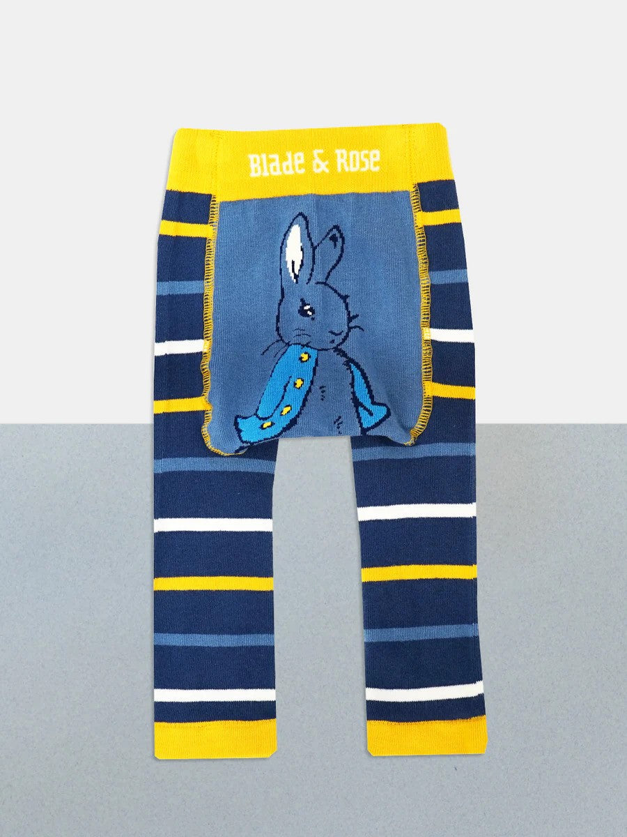 Blue and yellow striped leggings with a Peter Rabbit design in the bottom