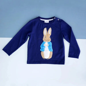 Navy long sleeve baby top with a fluffy Peter Rabbit design