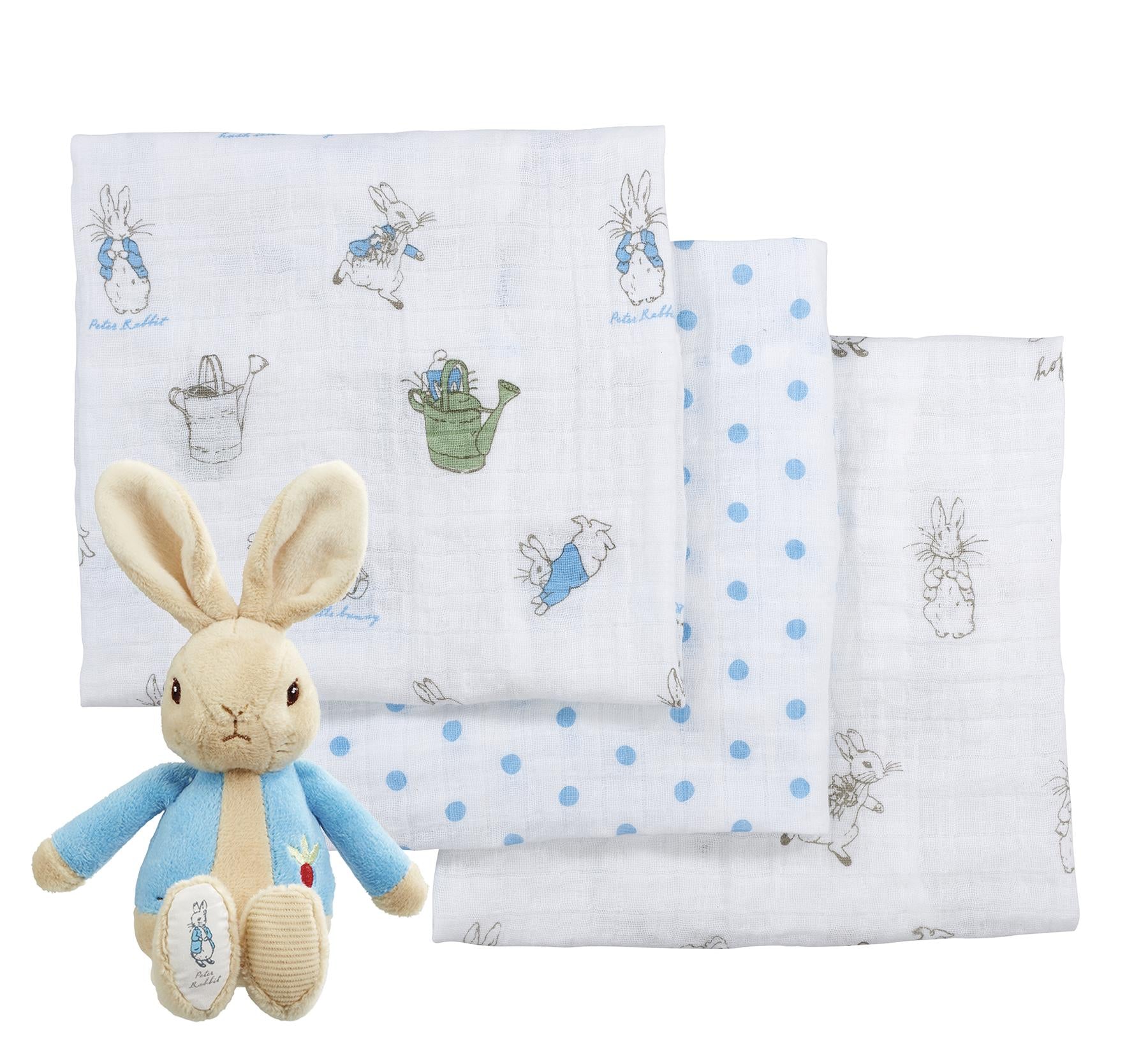3 white muslin squares with Peter Rabbit-themed patterns and a Peter Rabbit soft toy