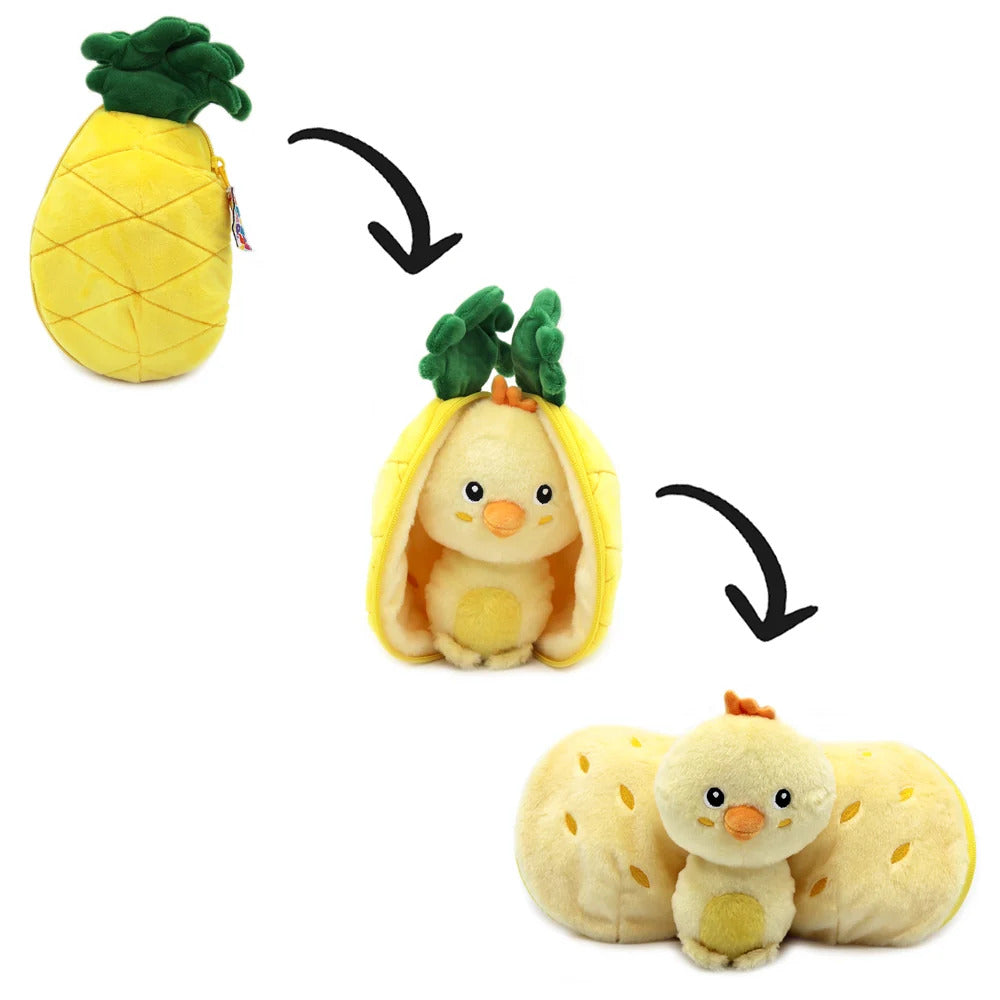 Three-stage illustration showing the pineapple plush closed, unzipped and opened into a chick.