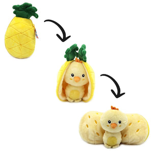 Three-stage illustration showing the pineapple plush closed, unzipped and opened into a chick.