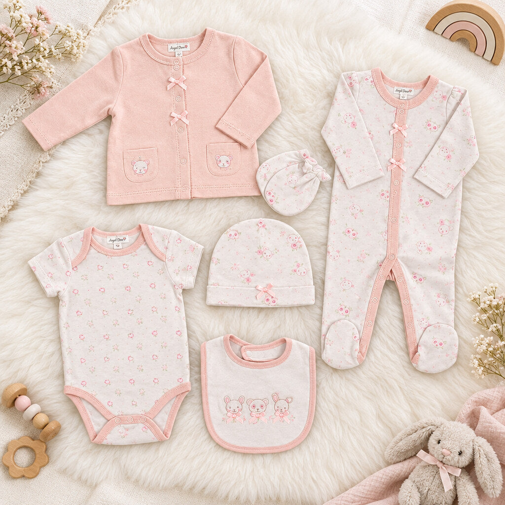 Pink baby girl 6 piece layette gift set with panda, bear and rabbit motifs