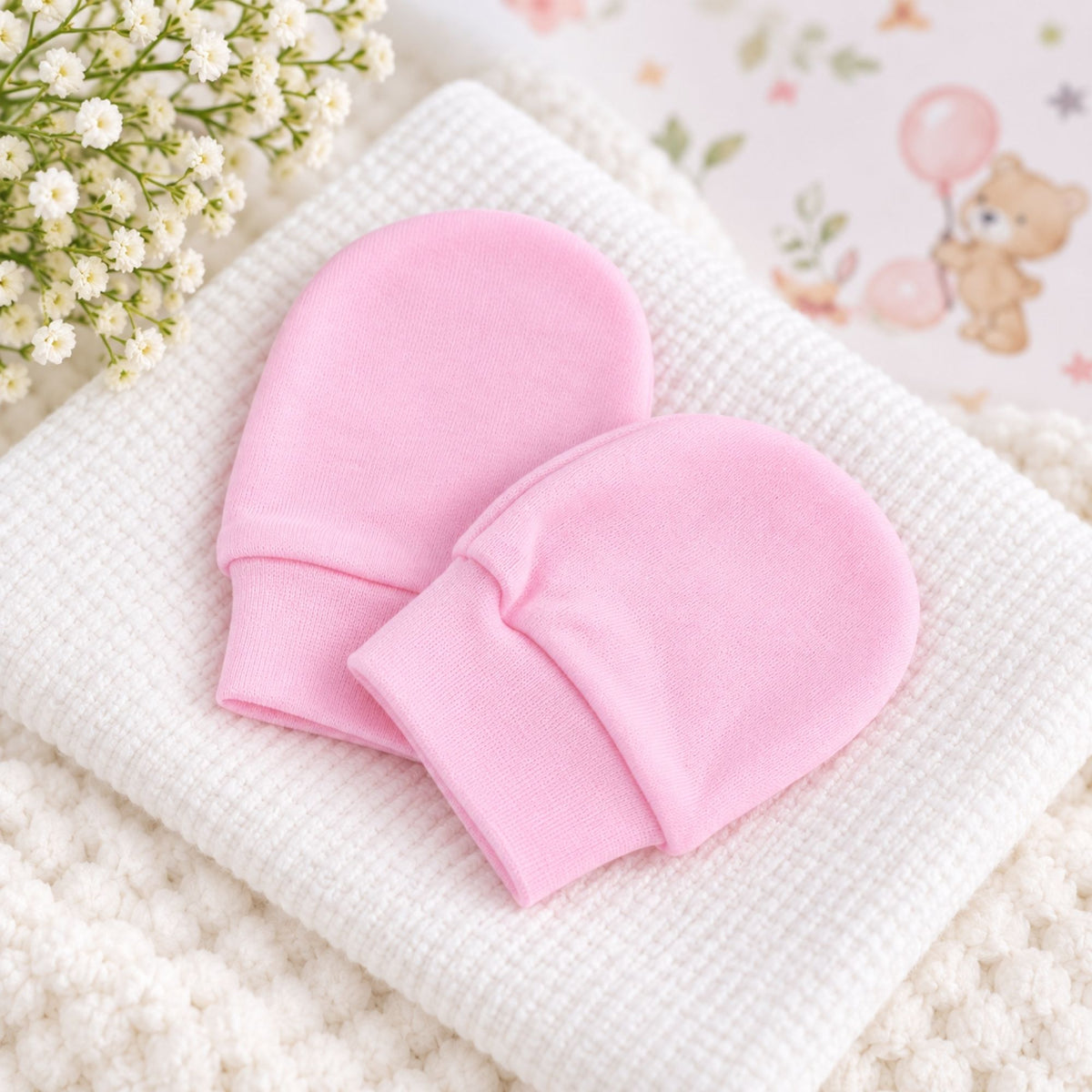 Pink anti scratch baby mittens 0-6 months in size. Baby essential for newborn baby. 100% cotton. 
