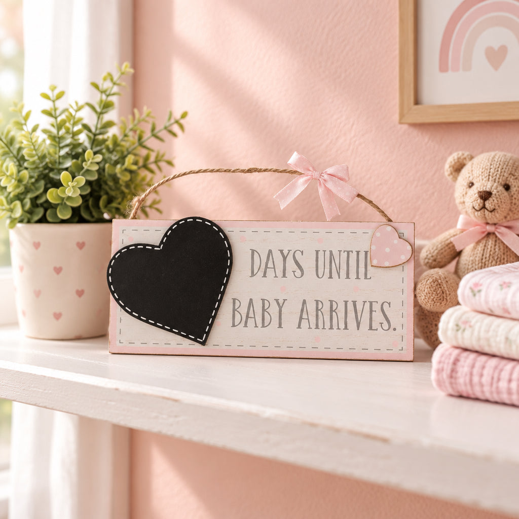 Pink hanging Days Until Baby Arrives plaque with a black heart-shaped chalkboard and rope hanger