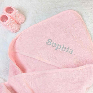 Personalised pink cotton hooded baby bath towel.