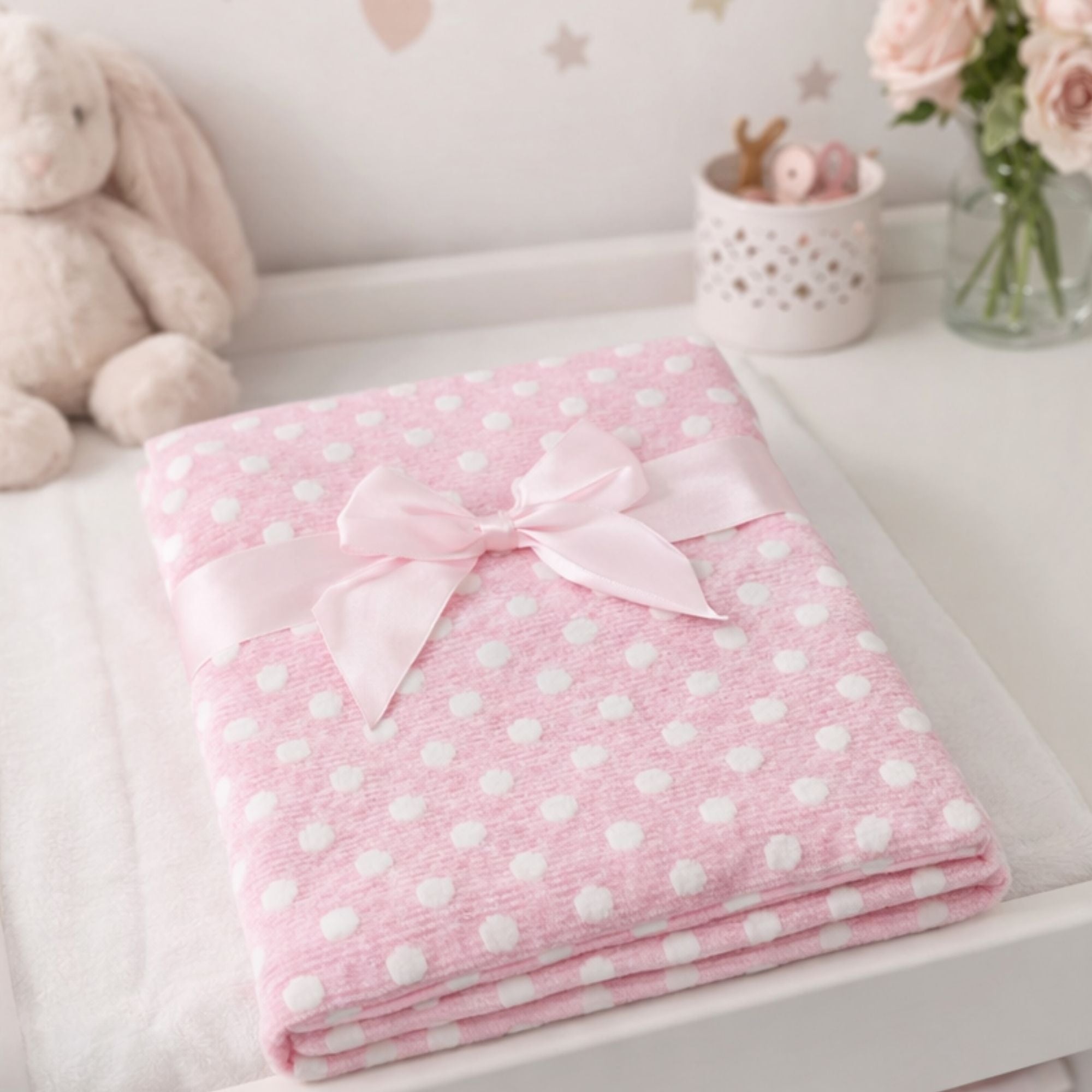 Pink baby blanket with white spots and a fleece background.
