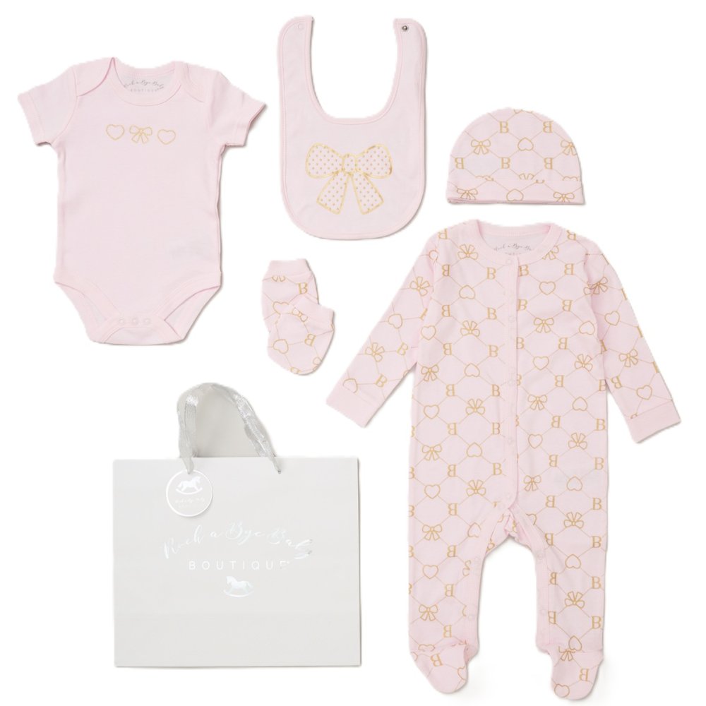 Pink Baby Clothes Set with Gold Bow Print Sleepsuit