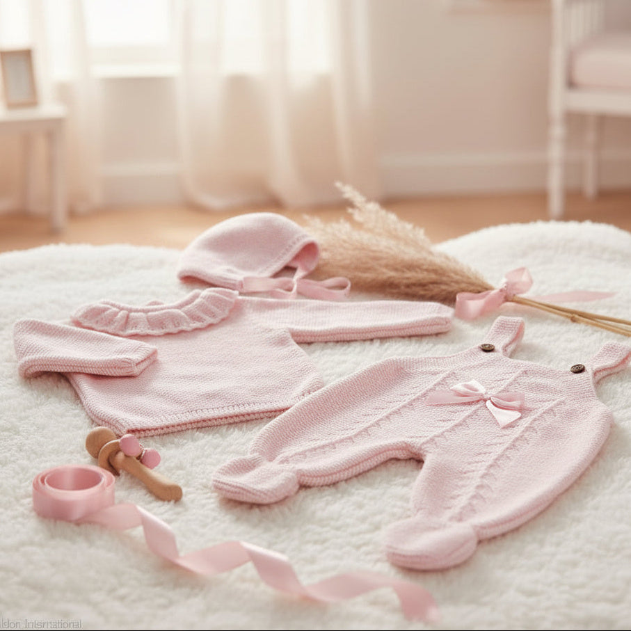 Pink baby dungaree set with knitted top, bow detail and matching hat
