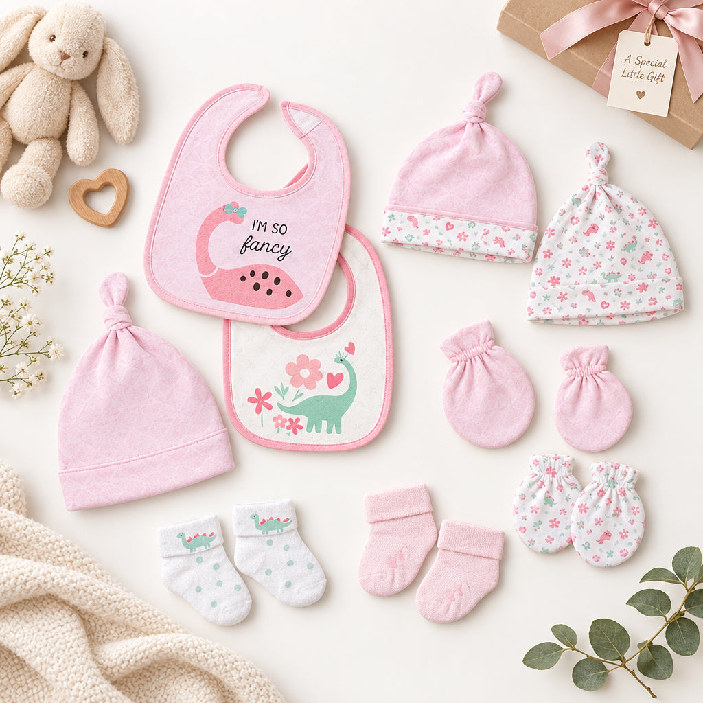 Pink baby girl 8 piece cotton gift set with bibs, hats, mittens and socks for 0-3 months