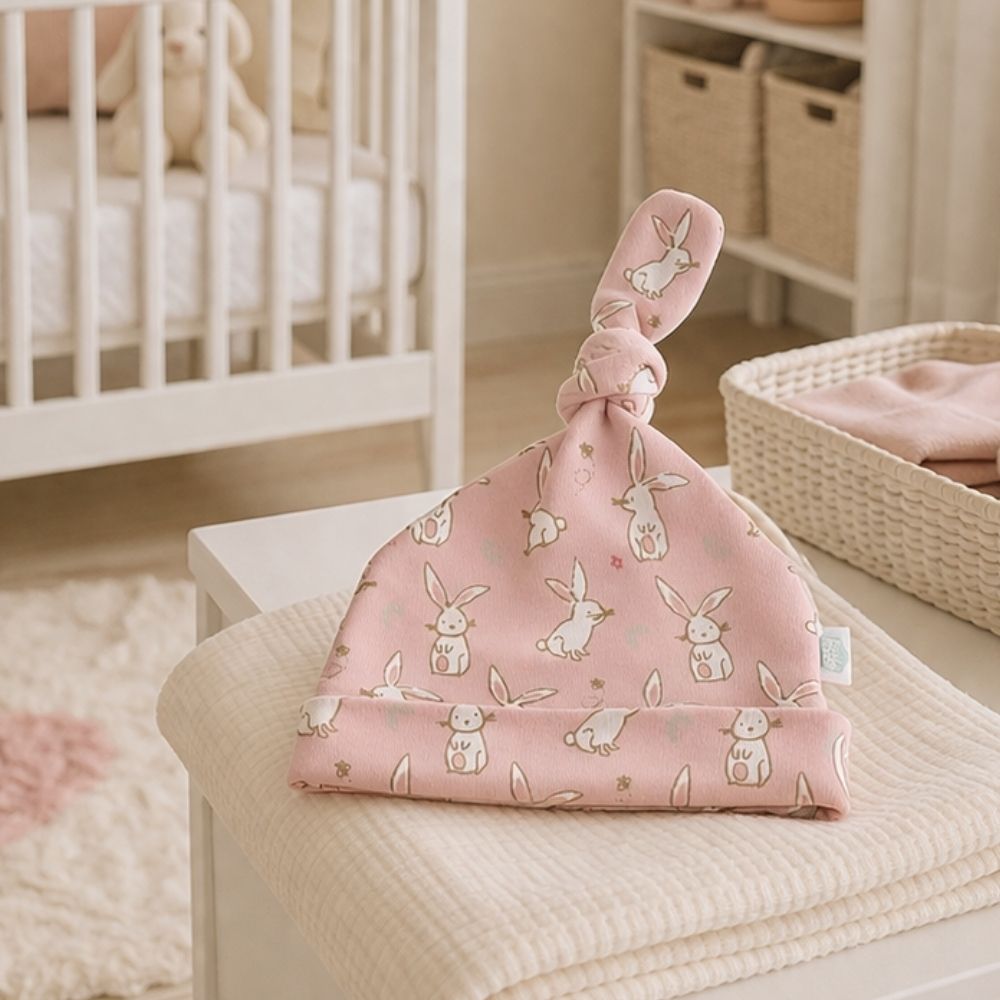 Pink knot hat with a pattern of cute white bunnies
