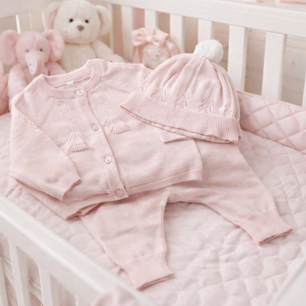 Pink baby girl knitted clothing set with cardigan, trousers and hat